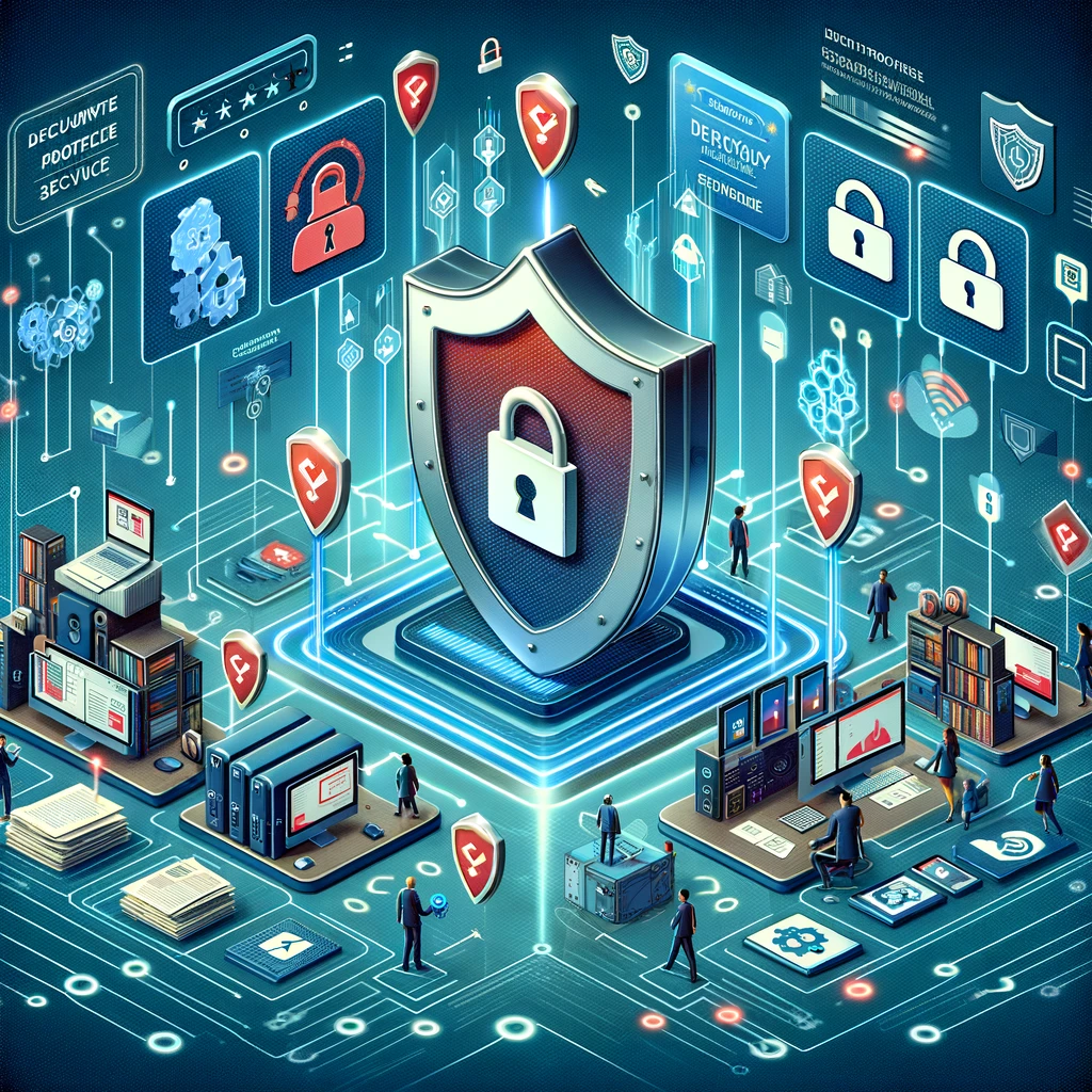 Illustration eines sicheren digitalen Ökosystems mit einem Schutzschild, das Datenintegrität und Antivirus-Sicherheit symbolisiert.