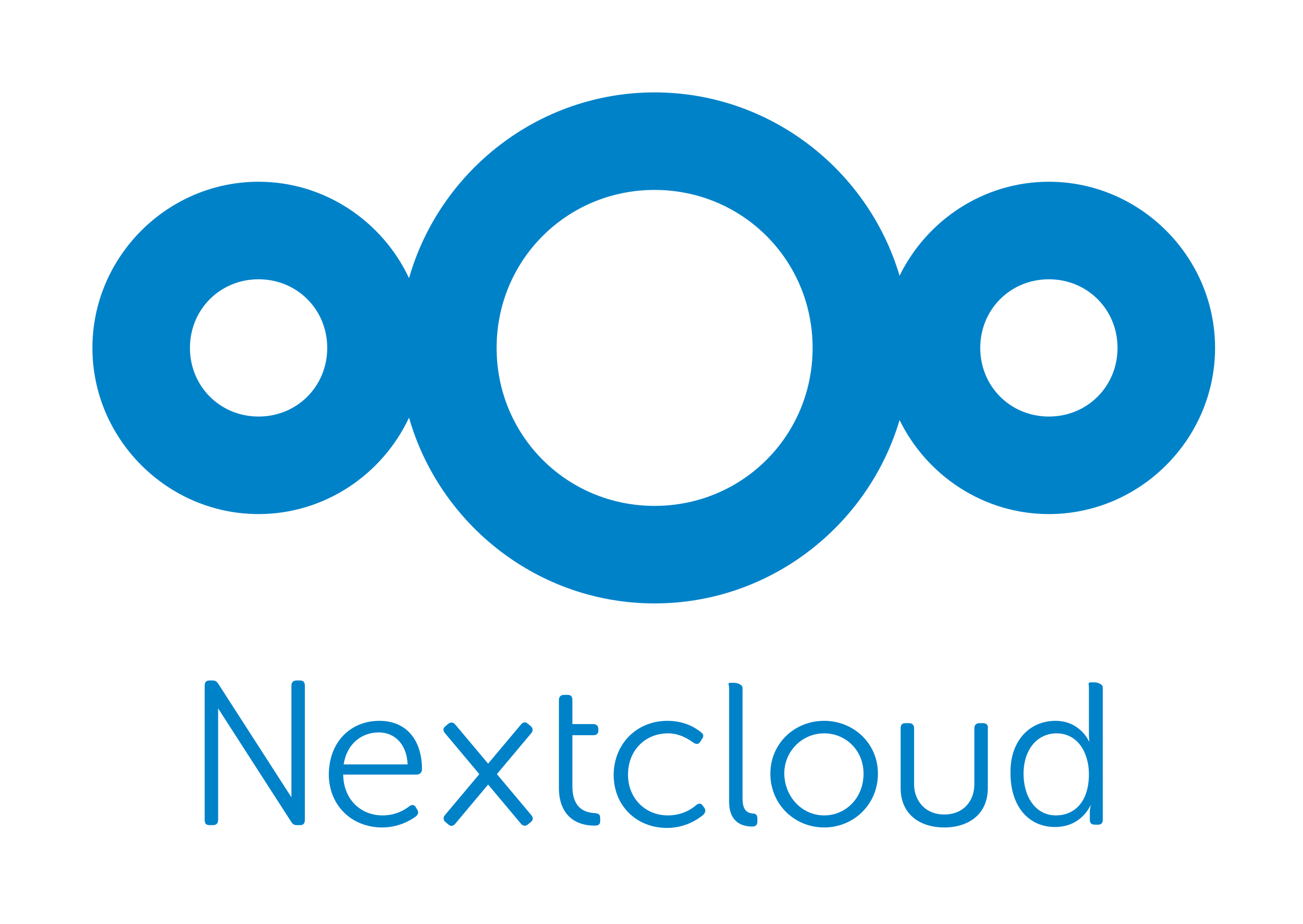 Logo von Nextcloud mit drei überlappenden Kreisen in Blau, die eine Wolke darstellen, darüber der Schriftzug "Nextcloud" in blauer Farbe.