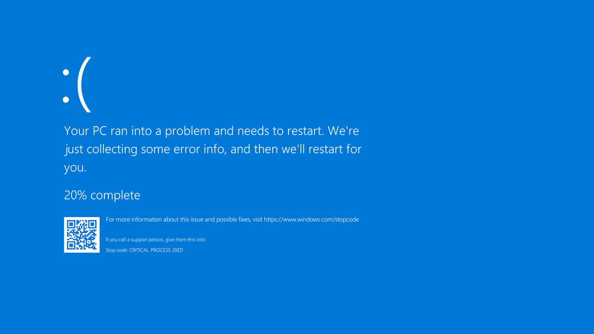 Ein blauer Bildschirm mit einem traurigen Smiley und einer Fehlermeldung, die besagt, dass der PC ein Problem hat und neu gestartet werden muss. Ein Fortschrittsbalken zeigt an, dass die Fehlerinformationen zu 20% gesammelt sind.