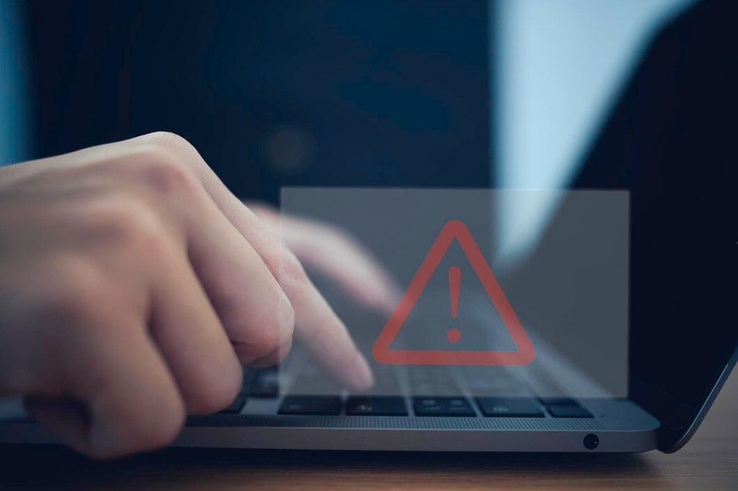 Eine Person, die einen Laptop benutzt, auf dessen Bildschirm ein Warnzeichen zu sehen ist.