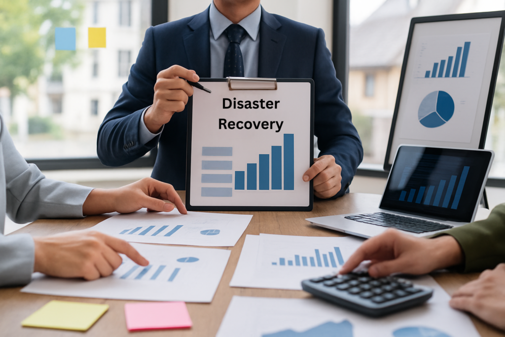 Business-Team präsentiert Disaster-Recovery-Strategie mit Diagrammen und Wachstumsanalysen im Meeting.