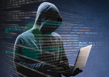 Eine Person in einer Kapuzenjacke, die ein Laptop hält, verborgen im Schatten, mit digitalen Code-Überlagerungen, die ein Phishing-Angriff andeuten