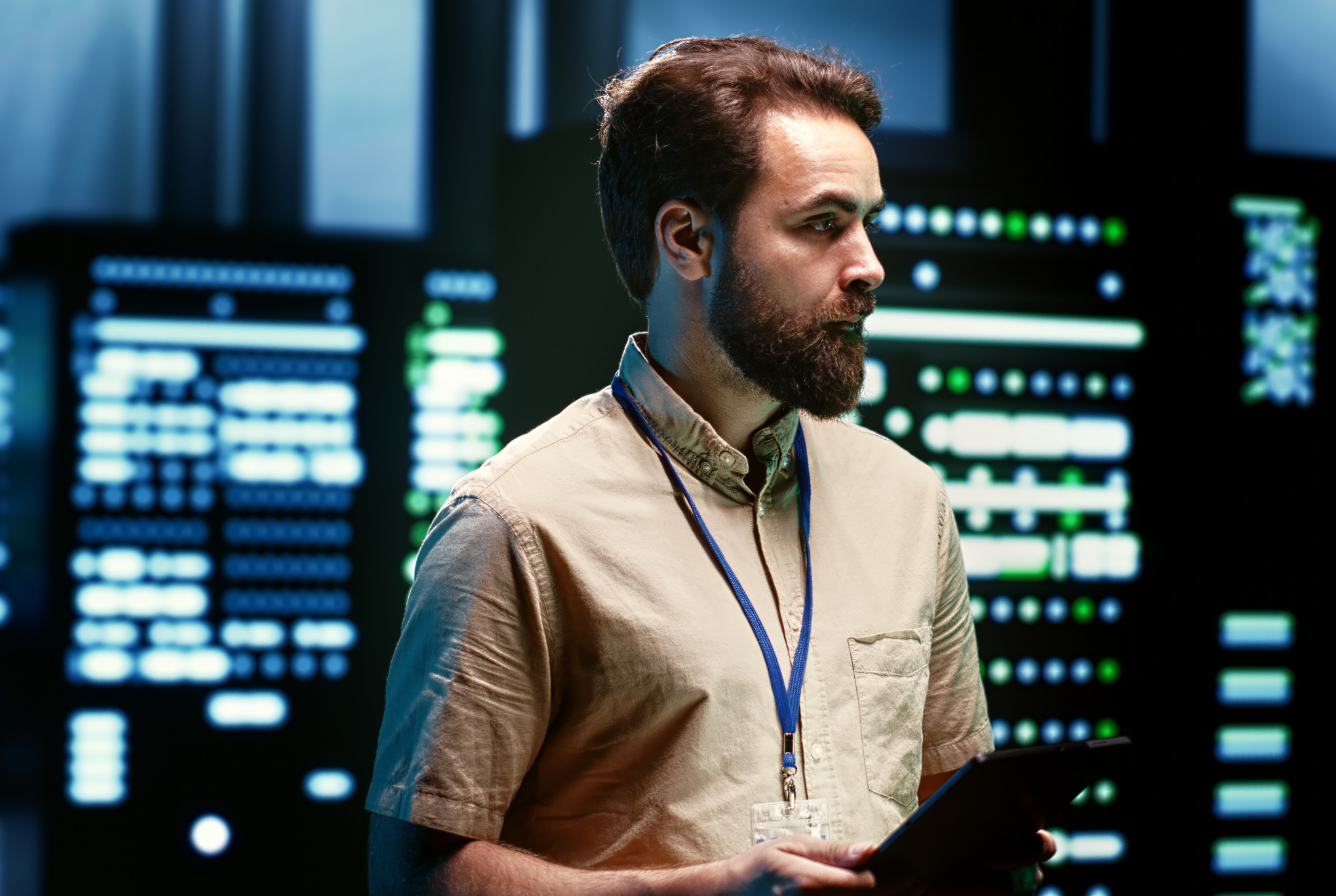 IT-Administrator prüft Backup-Monitoring und Restore-Logs im Serverraum mit Tablet; unscharfe Statusmonitore im Hintergrund