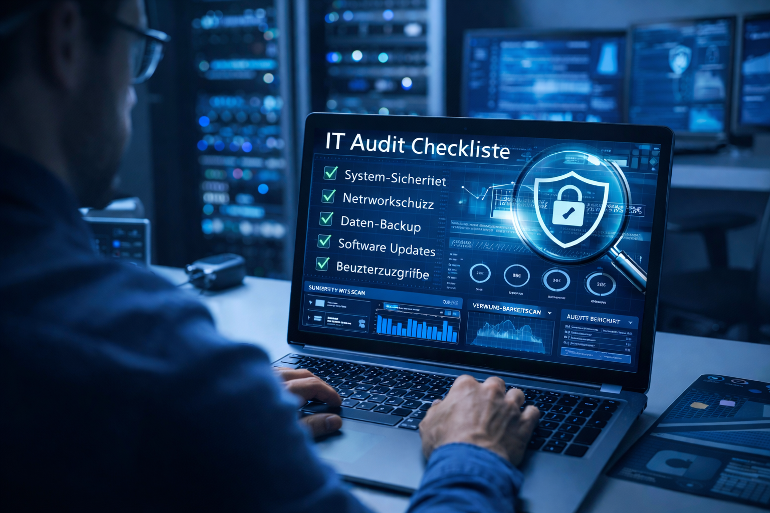 IT Audit Checkliste auf einem Laptop zur Überprüfung von IT Sicherheit, Netzwerk, Daten Backup und Benutzerzugriffen