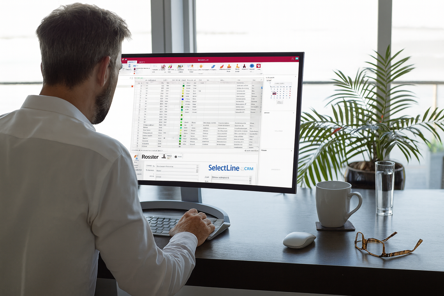 Geschäftsanwender arbeitet mit SelectLine CRM-Software an einem modernen Arbeitsplatz.