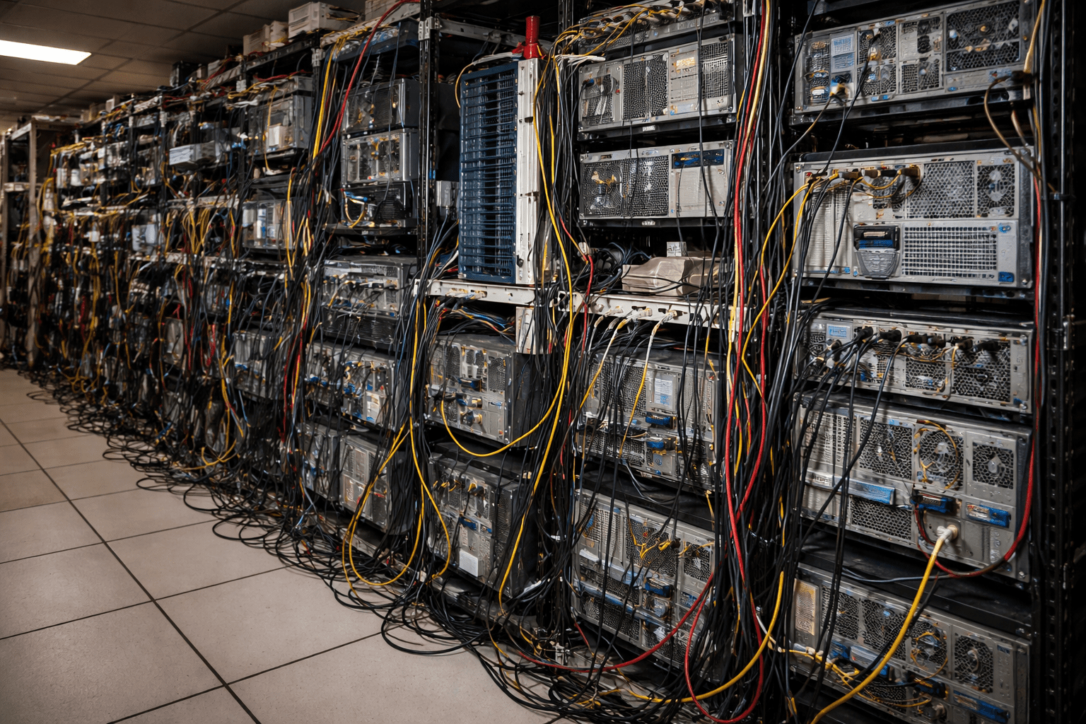 Alte IT-Infrastruktur in einem Serverraum mit veralteten Servern und ungeordneten Kabeln als Sicherheitsrisiko