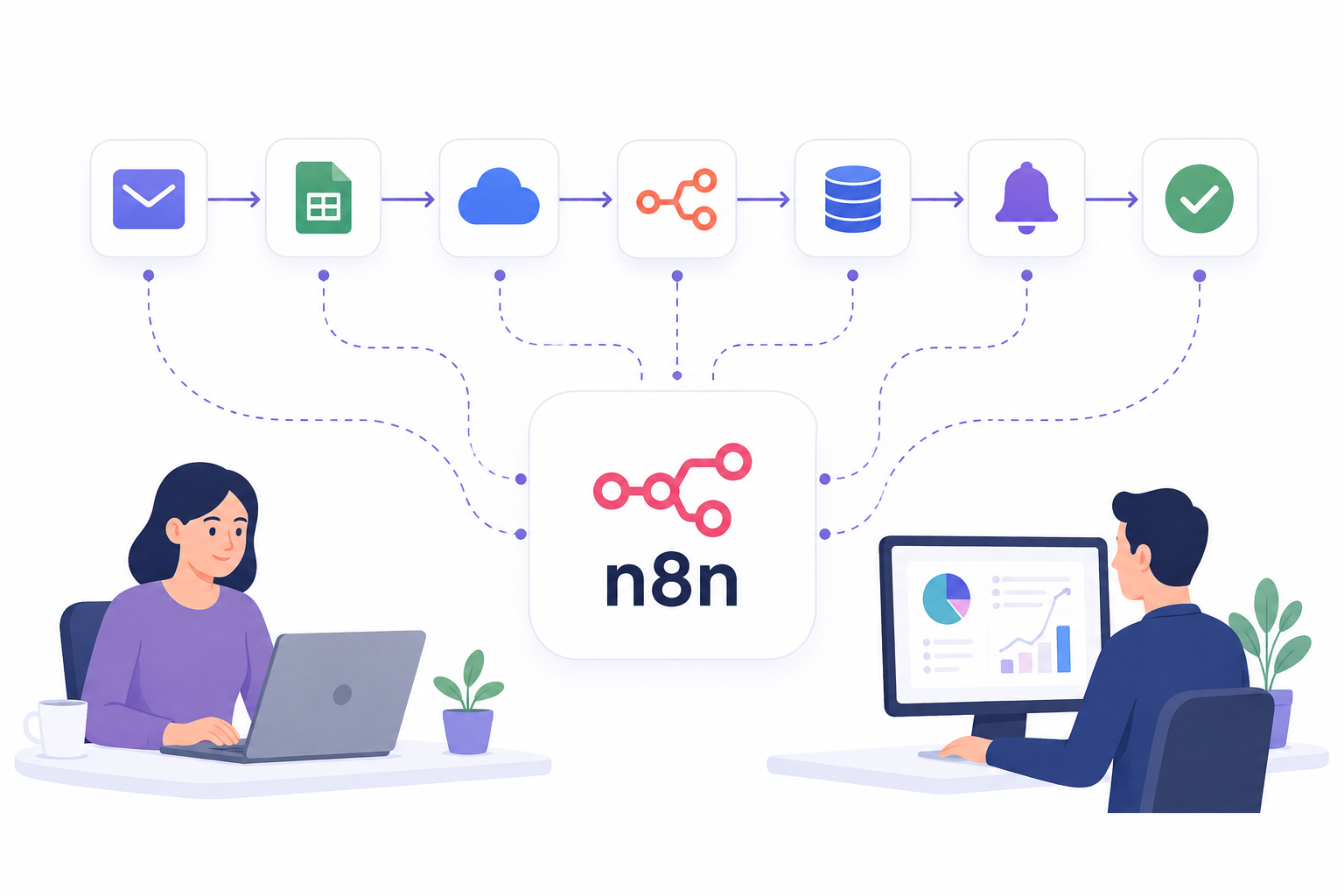 Illustration einer n8n Workflow-Automatisierung mit verbundenen Business-Tools, Integrationen und digitalen Prozessen